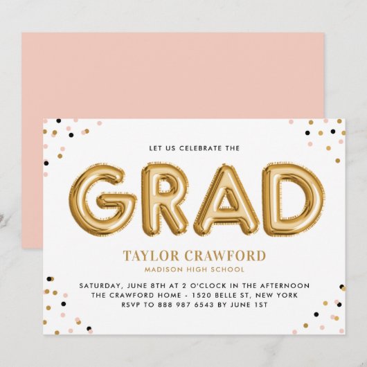 Gold Foil Ballon Confetti Stippen Graduparty Kaart (Voorkant / Achterkant)