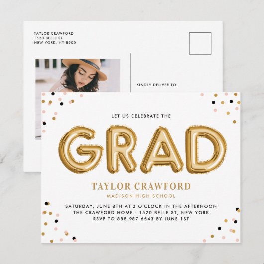 Gold Foil Ballon Confetti Stippen Graduparty Uitnodiging Briefkaart (Voorkant / Achterkant)