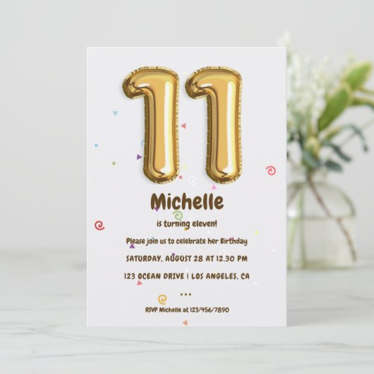 Gold Foil ballon en Confetti 11e verjaardag Kaart (Staand voorkant)