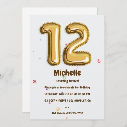 Gold Foil ballon en Confetti 12e verjaardag Kaart (Voorkant / Achterkant)