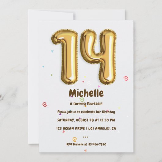 Gold Foil ballon en Confetti 14e verjaardag Kaart (Voorkant)