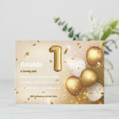 Gold Foil ballon en Confetti 1e verjaardag Invita Kaart (Staand voorkant)