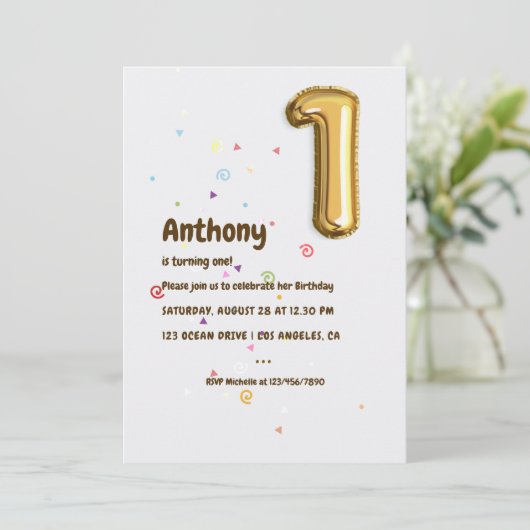 Gold Foil ballon en Confetti 1e verjaardag Kaart (Staand voorkant)