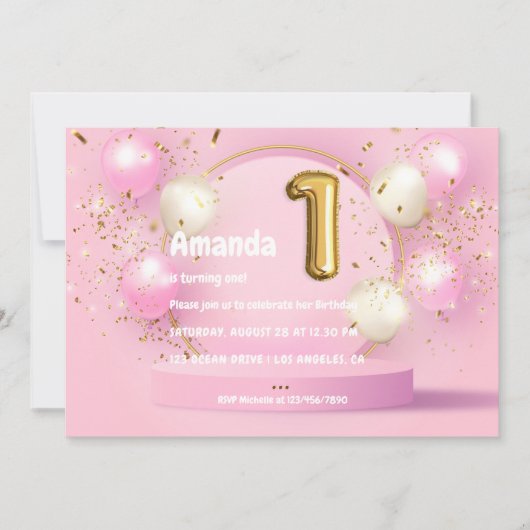 Gold Foil ballon en Confetti 1e verjaardag Kaart (Voorkant)
