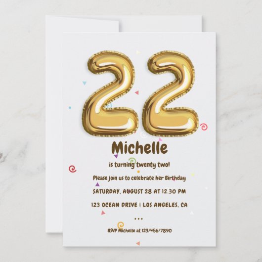 Gold Foil ballon en Confetti 22e verjaardag Kaart (Voorkant)