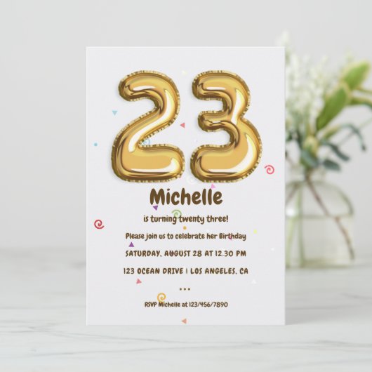 Gold Foil ballon en Confetti 23e verjaardag Kaart (Staand voorkant)