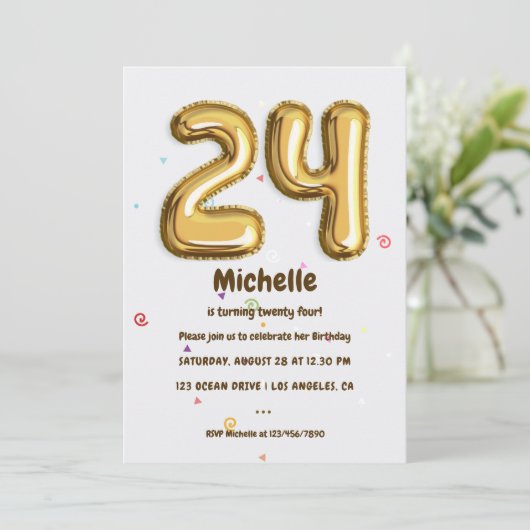 Gold Foil ballon en Confetti 24e verjaardag Kaart (Staand voorkant)