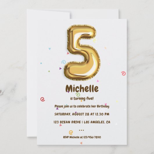 Gold Foil ballon en Confetti 5e verjaardag Kaart (Voorkant)