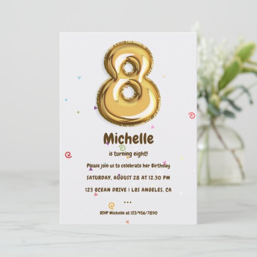 Gold Foil ballon en Confetti 8e verjaardag Kaart (Staand voorkant)