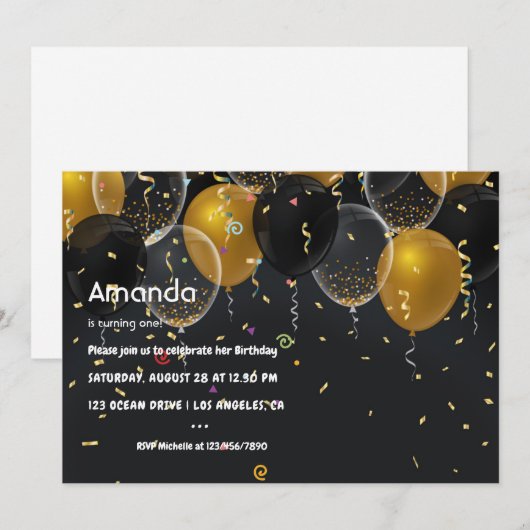 Gold Foil ballon en Confetti Birthday Kaart (Voorkant / Achterkant)