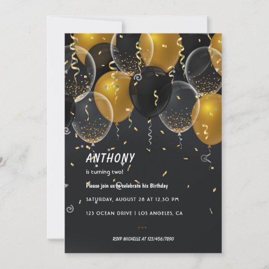 Gold Foil ballon en Confetti Birthday Party Invi Kaart (Voorkant)