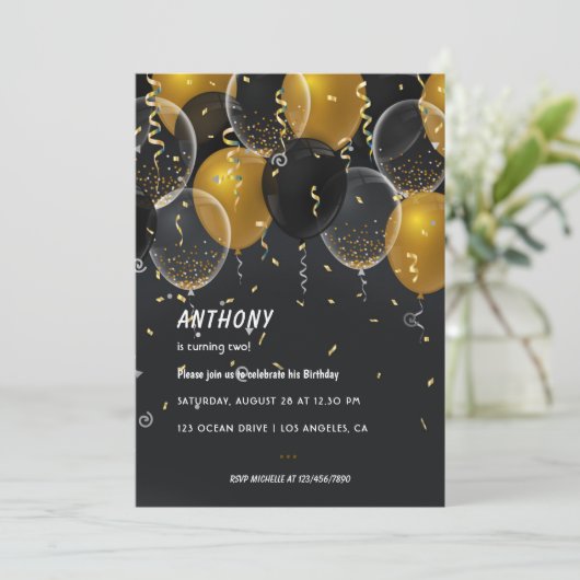 Gold Foil ballon en Confetti Birthday Party Invi Kaart (Staand voorkant)