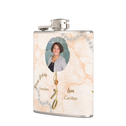 Gold Foil Balloon & Floral 70th Birthday & Photo Heupfles (Links)