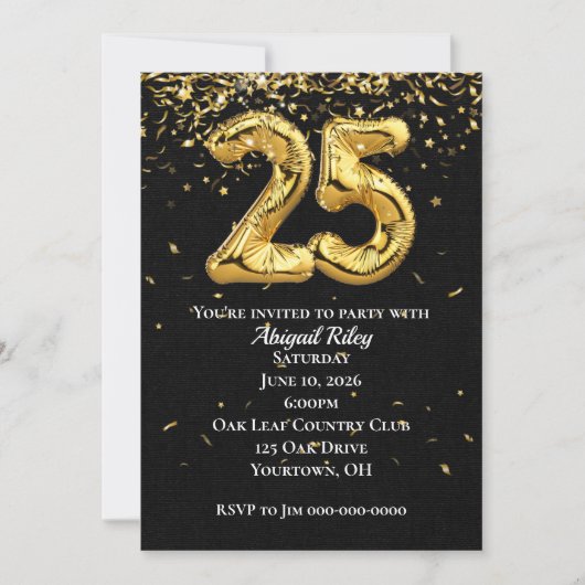 Gold Foil Balloons 25th Birthday Party Invitation Kaart (Voorkant)