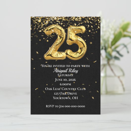 Gold Foil Balloons 25th Birthday Party Invitation Kaart (Staand voorkant)