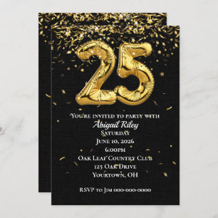Gold Foil Balloons 25th Birthday Party Invitation Kaart