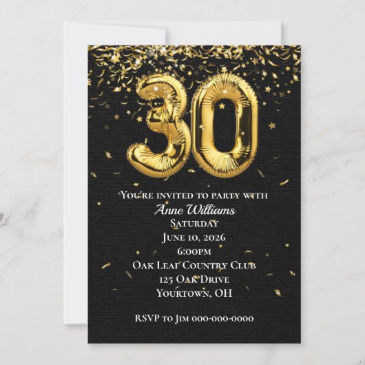 Gold Foil Balloons 30th Birthday Party Invitation Kaart (Voorkant)