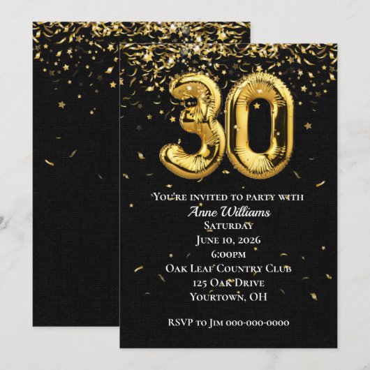 Gold Foil Balloons 30th Birthday Party Invitation Kaart (Voorkant / Achterkant)