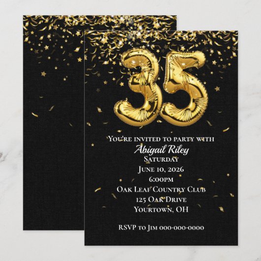 Gold Foil Balloons 35th Birthday Party Invitation Kaart (Voorkant / Achterkant)