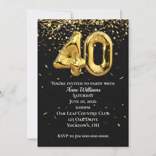 Gold Foil Balloons 40th Birthday Party Invitation Kaart (Voorkant)
