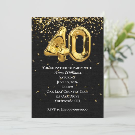 Gold Foil Balloons 40th Birthday Party Invitation Kaart (Staand voorkant)