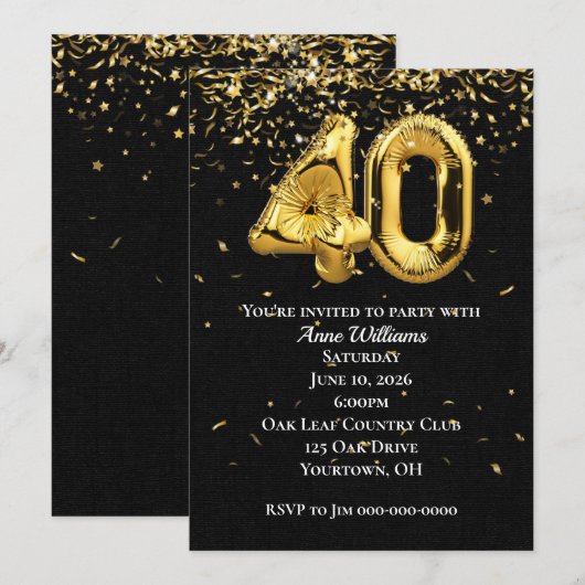 Gold Foil Balloons 40th Birthday Party Invitation Kaart (Voorkant / Achterkant)