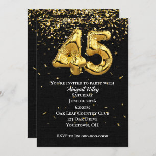 Gold Foil Balloons 45th Birthday Party Invitation Kaart