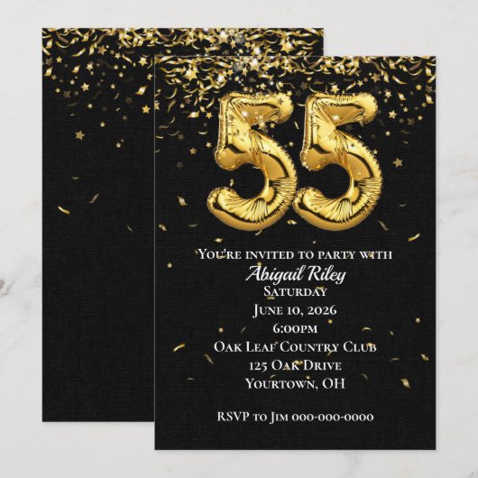 Gold Foil Balloons 55th Birthday Party Invitation Kaart (Voorkant / Achterkant)