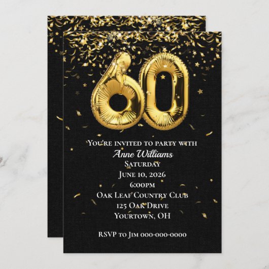 Gold Foil Balloons 60th Birthday Party Invitation Kaart (Voorkant / Achterkant)