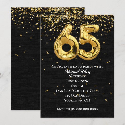 Gold Foil Balloons 65th Birthday Party Invitation Kaart (Voorkant / Achterkant)