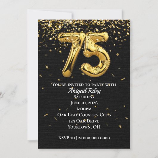 Gold Foil Balloons 75th Birthday Party Invitation Kaart (Voorkant)