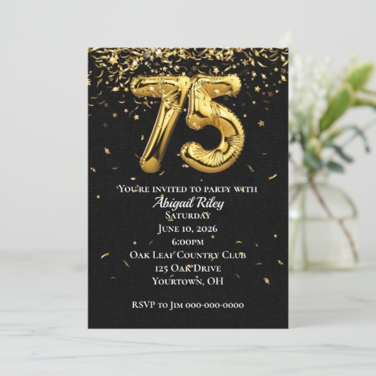 Gold Foil Balloons 75th Birthday Party Invitation Kaart (Staand voorkant)