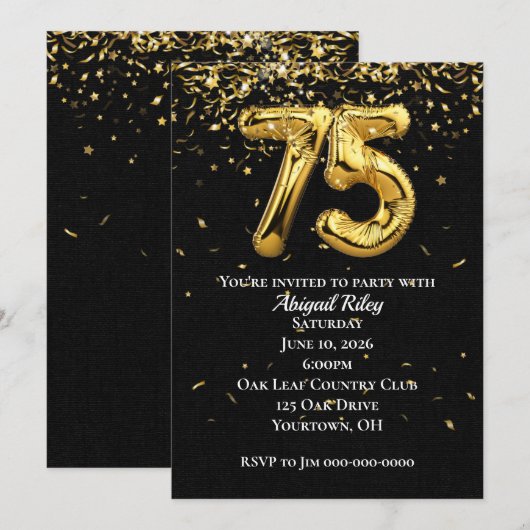 Gold Foil Balloons 75th Birthday Party Invitation Kaart (Voorkant / Achterkant)