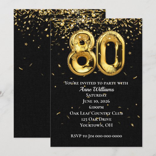 Gold Foil Balloons 80th Birthday Party Invitation Kaart (Voorkant / Achterkant)