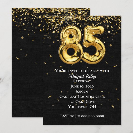 Gold Foil Balloons 85th Birthday Party Invitation Kaart (Voorkant / Achterkant)