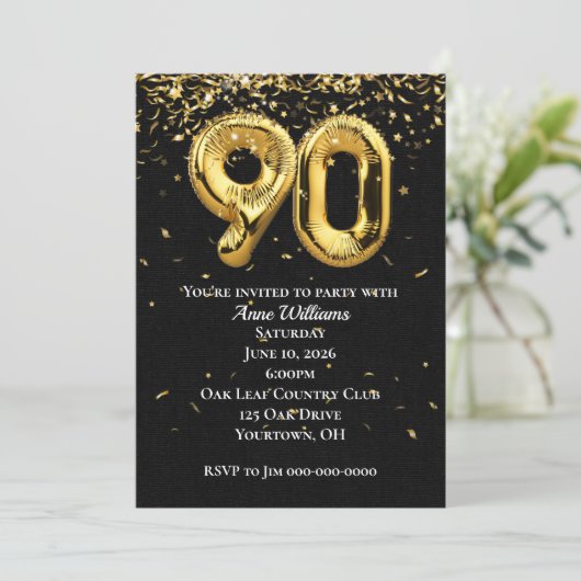 Gold Foil Balloons 90th Birthday Party Invitation Kaart (Staand voorkant)