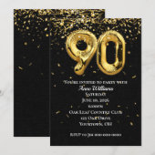 Gold Foil Balloons 90th Birthday Party Invitation Kaart (Voorkant / Achterkant)