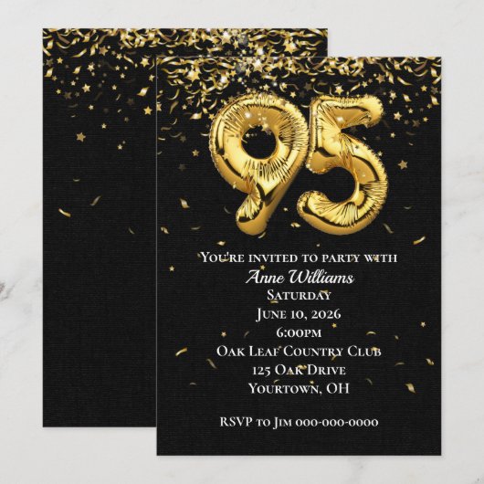 Gold Foil Balloons 95th Birthday Party Invitation Kaart (Voorkant / Achterkant)