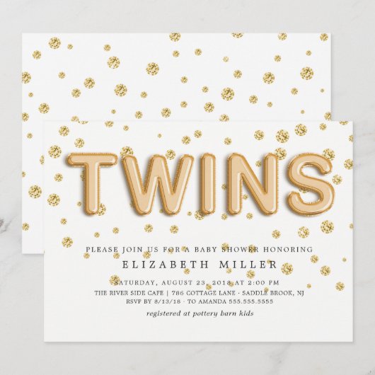 Gold Foil Balloons TWINS Baby shower Invitation Kaart (Voorkant / Achterkant)