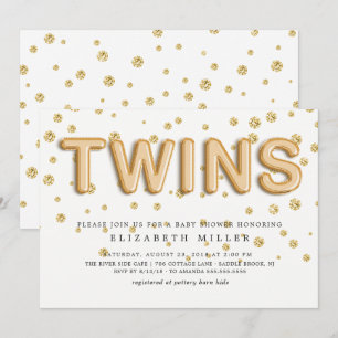Gold Foil Balloons TWINS Baby shower Invitation Kaart