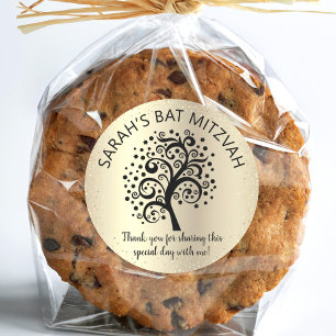 Gold Foil Bat Mitzvah Black Tree of Life Script Ronde Sticker