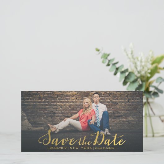 Gold Foil Bespaar de Datum Bedekte Fotokaarten Save The Date (Staand voorkant)