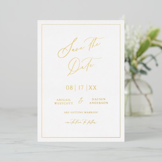 Gold Foil Bewaar de datum Modern Invitation Kaart (Staand Voorkant)