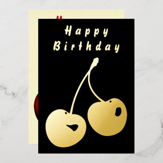 Gold Foil Birthday Kaart met Red en Golden Cherry (Voorkant / Achterkant)