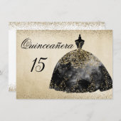 Gold Foil Black Dress Quinceanera-uitnodiging Kaart (Voorkant / Achterkant)