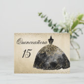 Gold Foil Black Dress Quinceanera-uitnodiging Kaart (Staand voorkant)