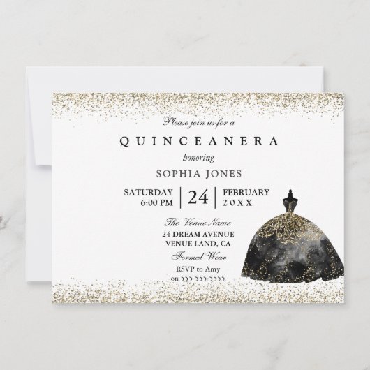 Gold Foil Black Dress Quinceanera-uitnodiging Kaart (Achterkant)