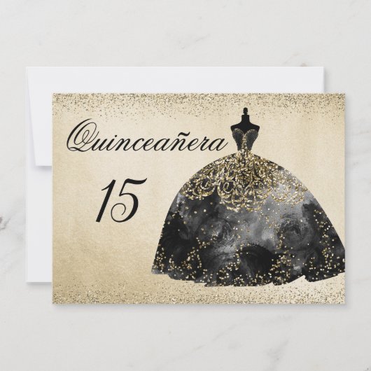 Gold Foil Black Dress Quinceanera-uitnodiging Kaart (Voorkant)