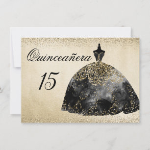 Gold Foil Black Dress Quinceanera-uitnodiging Kaart