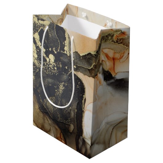 Gold Foil Black Oranje Abstracte marmer Medium Cadeauzakje (Achterkant Gekanteld)